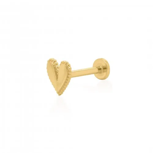 14K Gold Single Mini Heart Stud with Beaded Border