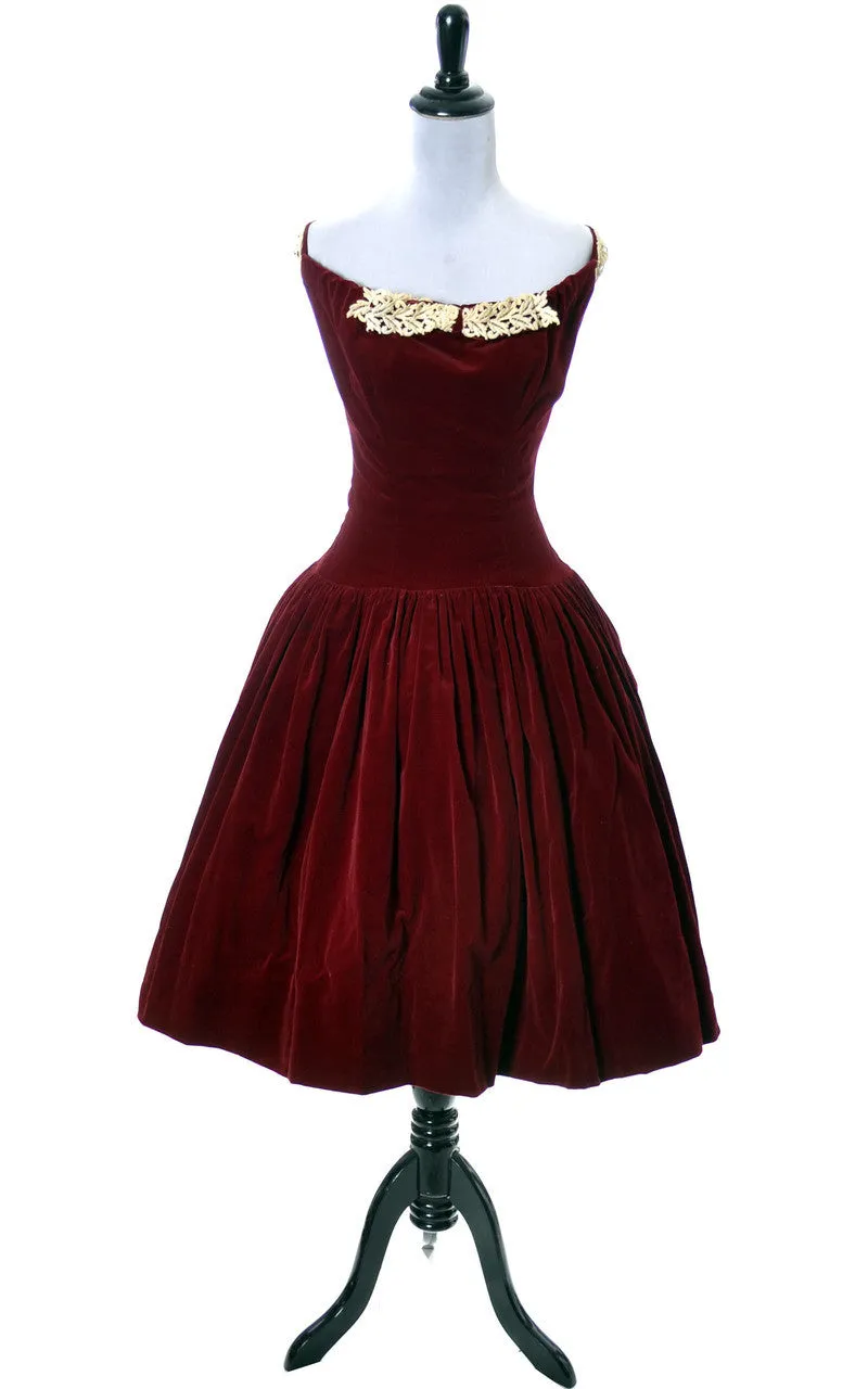 1950's Vintage Dress Red Velvet & Lace Leon Frank Dayton Ohio