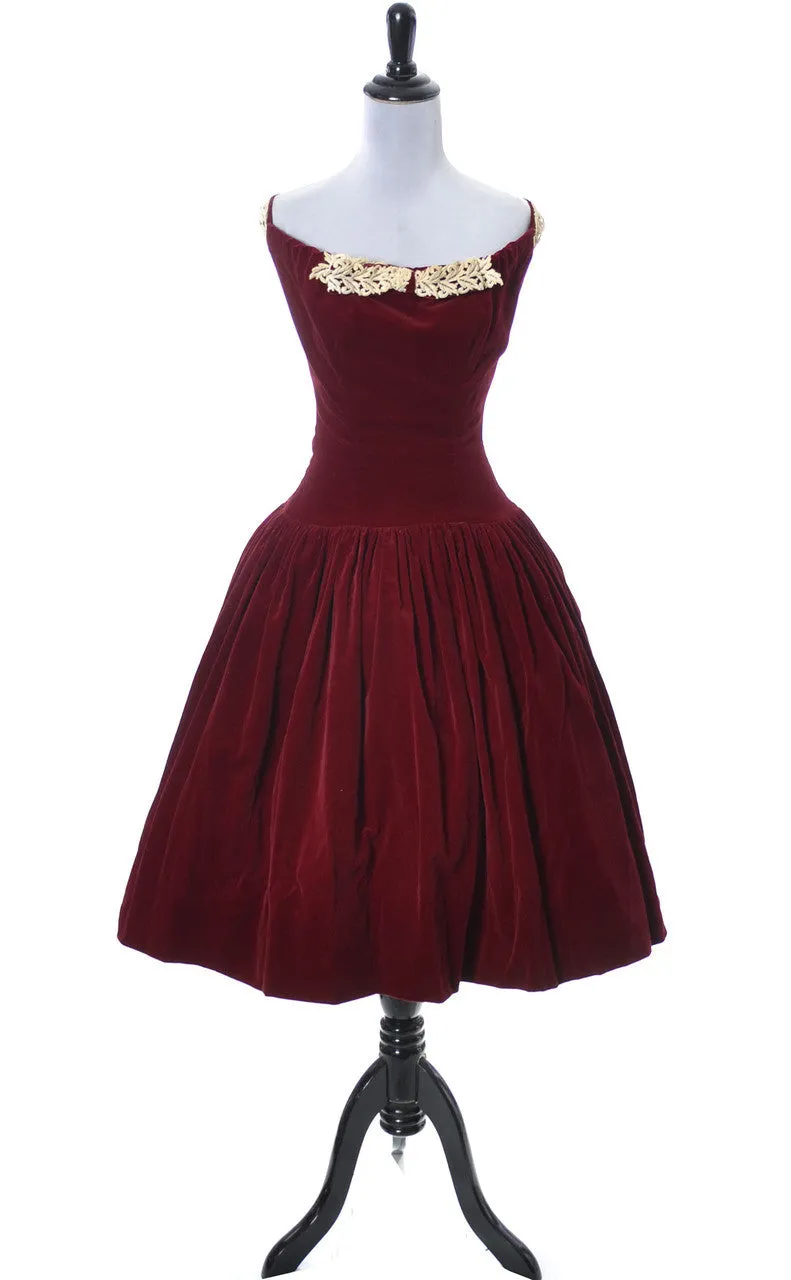 1950's Vintage Dress Red Velvet & Lace Leon Frank Dayton Ohio