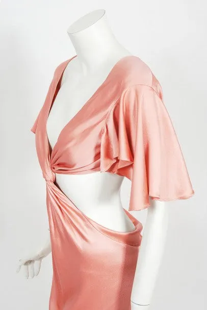 2004 Alexander McQueen Lifetime Runway Pink Silk Cut-Out Ruffle Gown