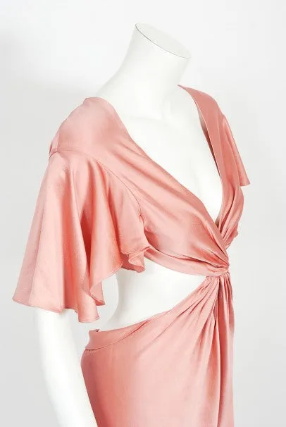 2004 Alexander McQueen Lifetime Runway Pink Silk Cut-Out Ruffle Gown