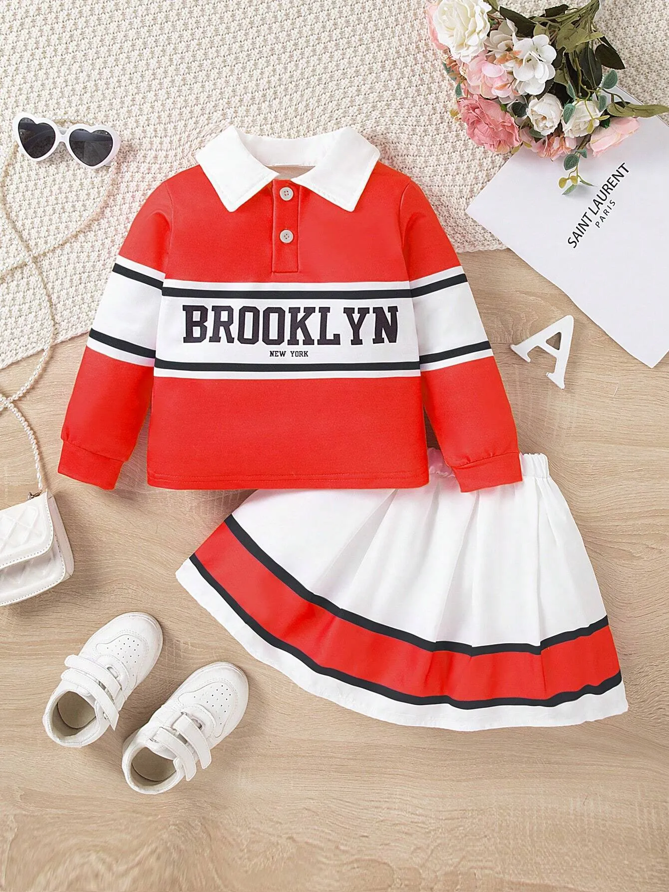 2pcs/Set 2024 New Summer Young Girl Girls Contrast Color Printed Long Sleeve Polo Shirt And Pleated Skirt, American College Style