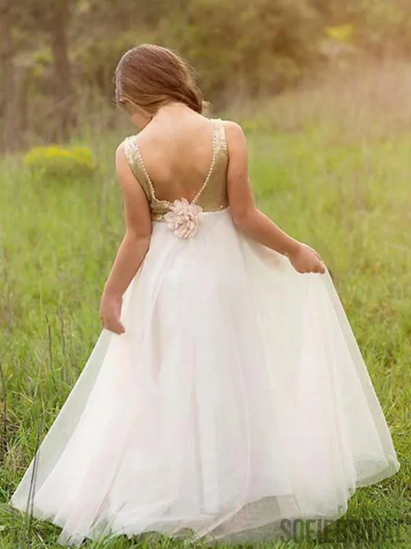 A-line Backless Floor-length Sequins Top Flower Girl Dresses, FG094