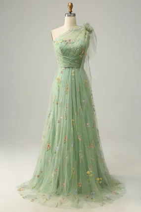 A-Line One Shoulder Green Long Prom Dress With Embroidery