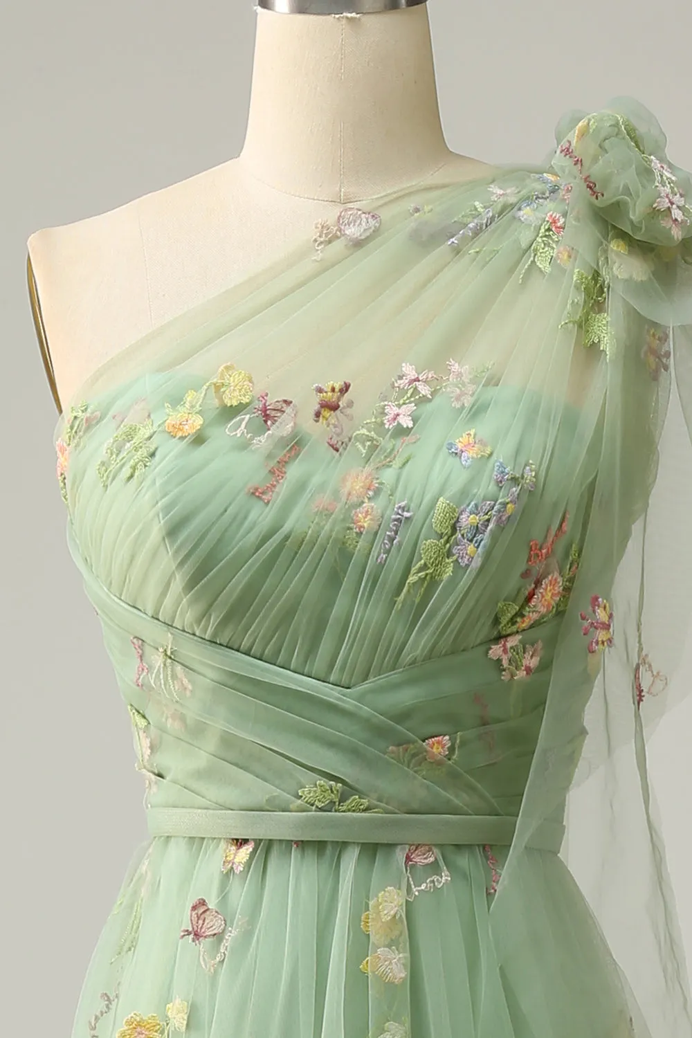 A-Line One Shoulder Green Long Prom Dress With Embroidery