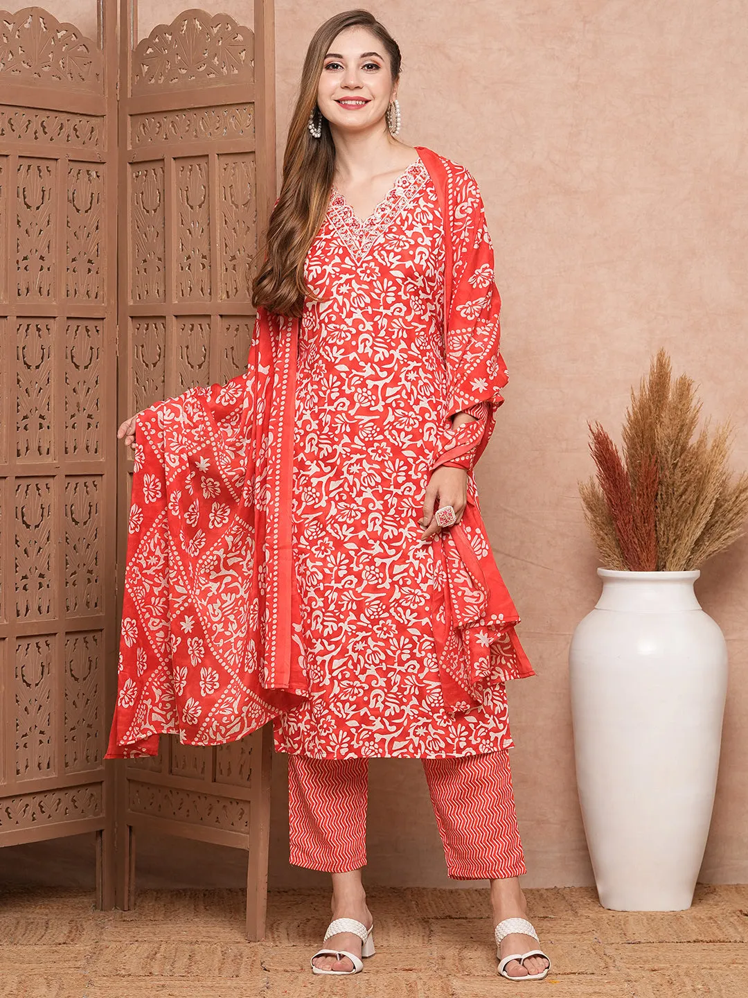 Abstract Printed Mirror & Sequins Embroidered Kurta with Pants & Dupatta - Red