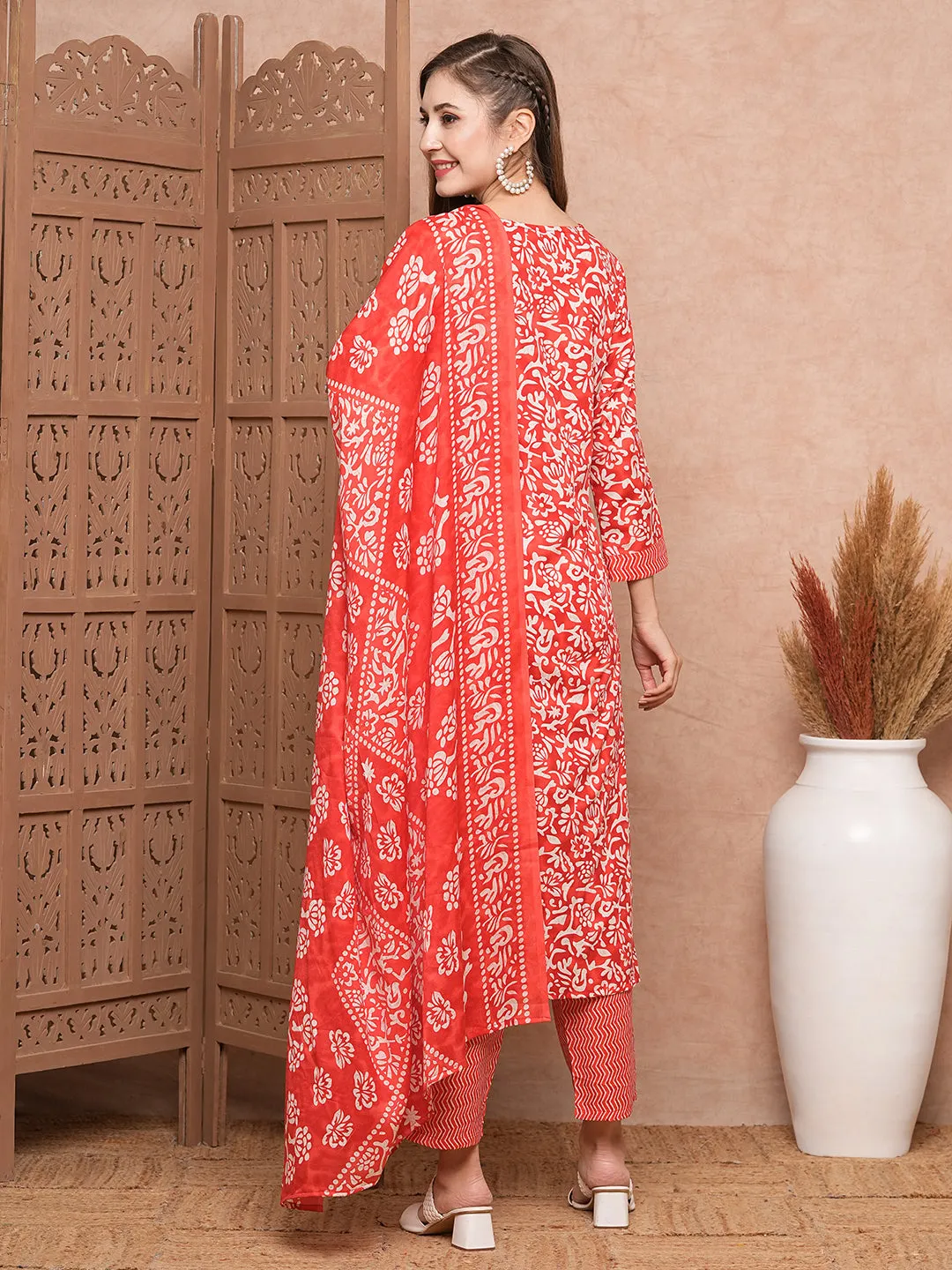 Abstract Printed Mirror & Sequins Embroidered Kurta with Pants & Dupatta - Red