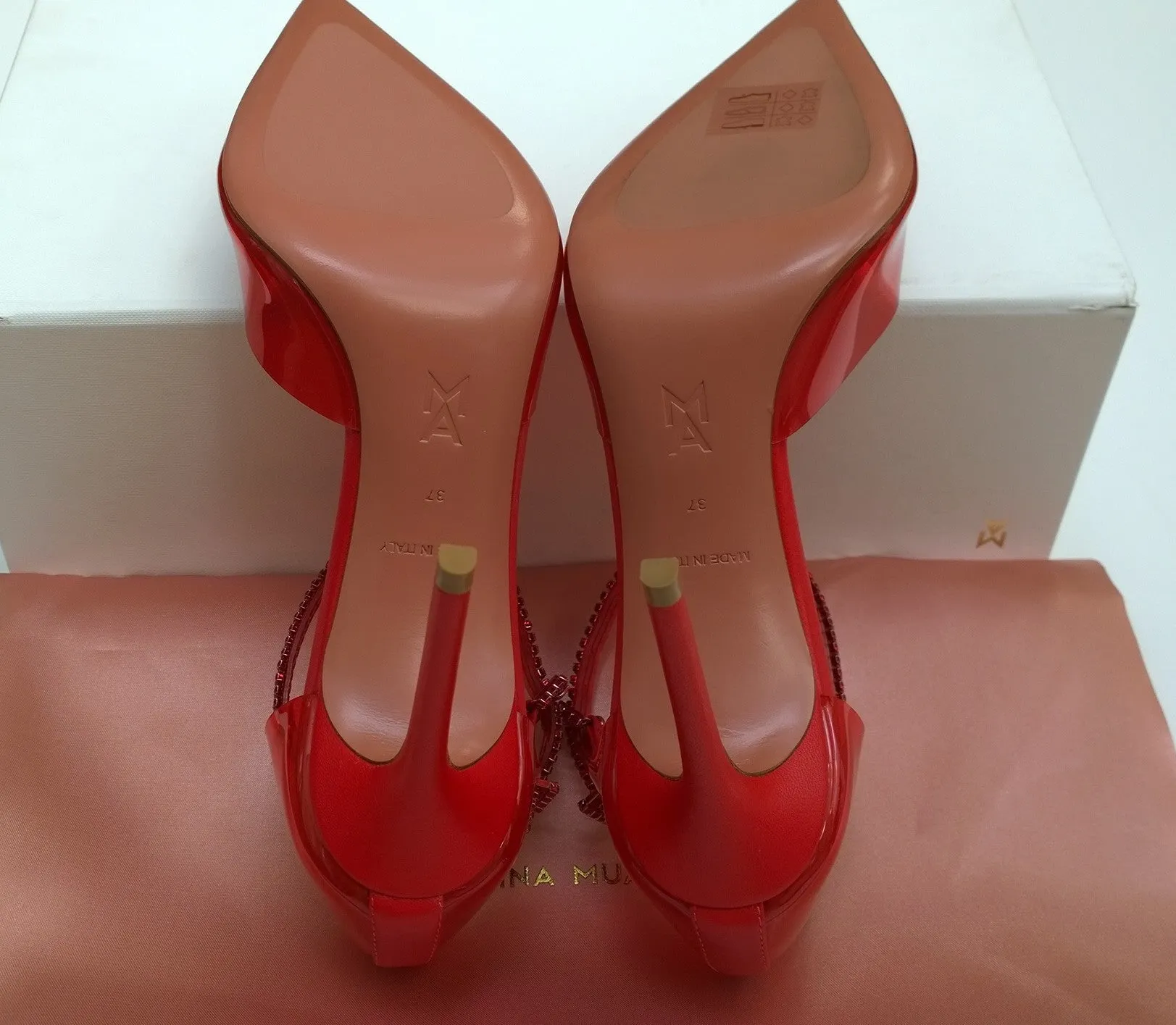 Amina Muaddi Ursina Glass Pumps in Red PVC Rhinestone Ankle Bracelet Heels