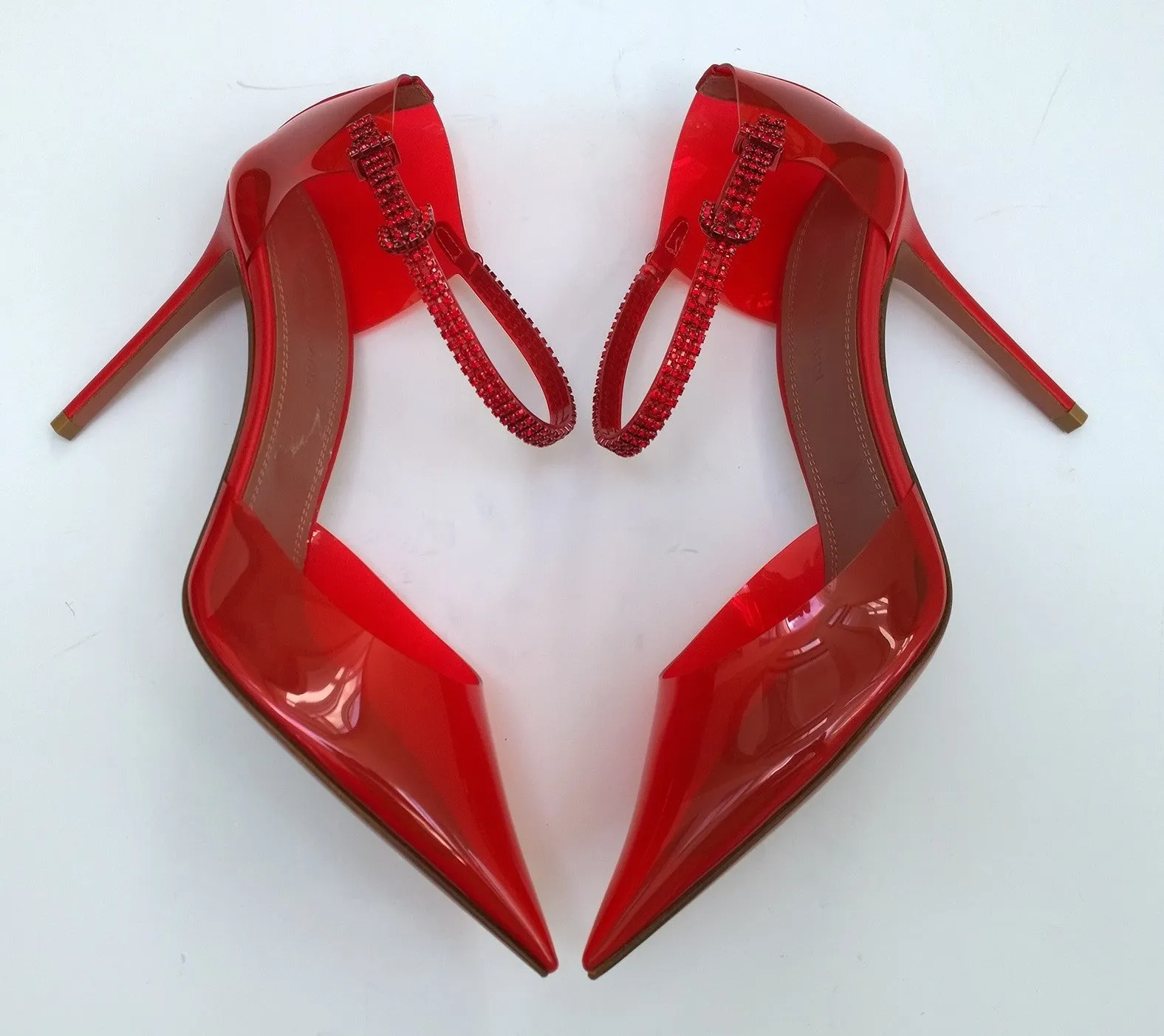 Amina Muaddi Ursina Glass Pumps in Red PVC Rhinestone Ankle Bracelet Heels