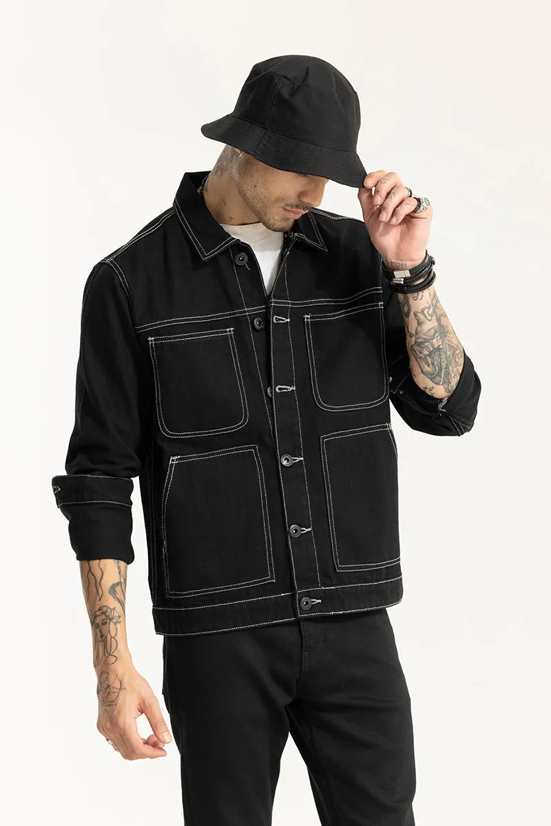 Arte Black Contrast Stitch Black Denim Jacket