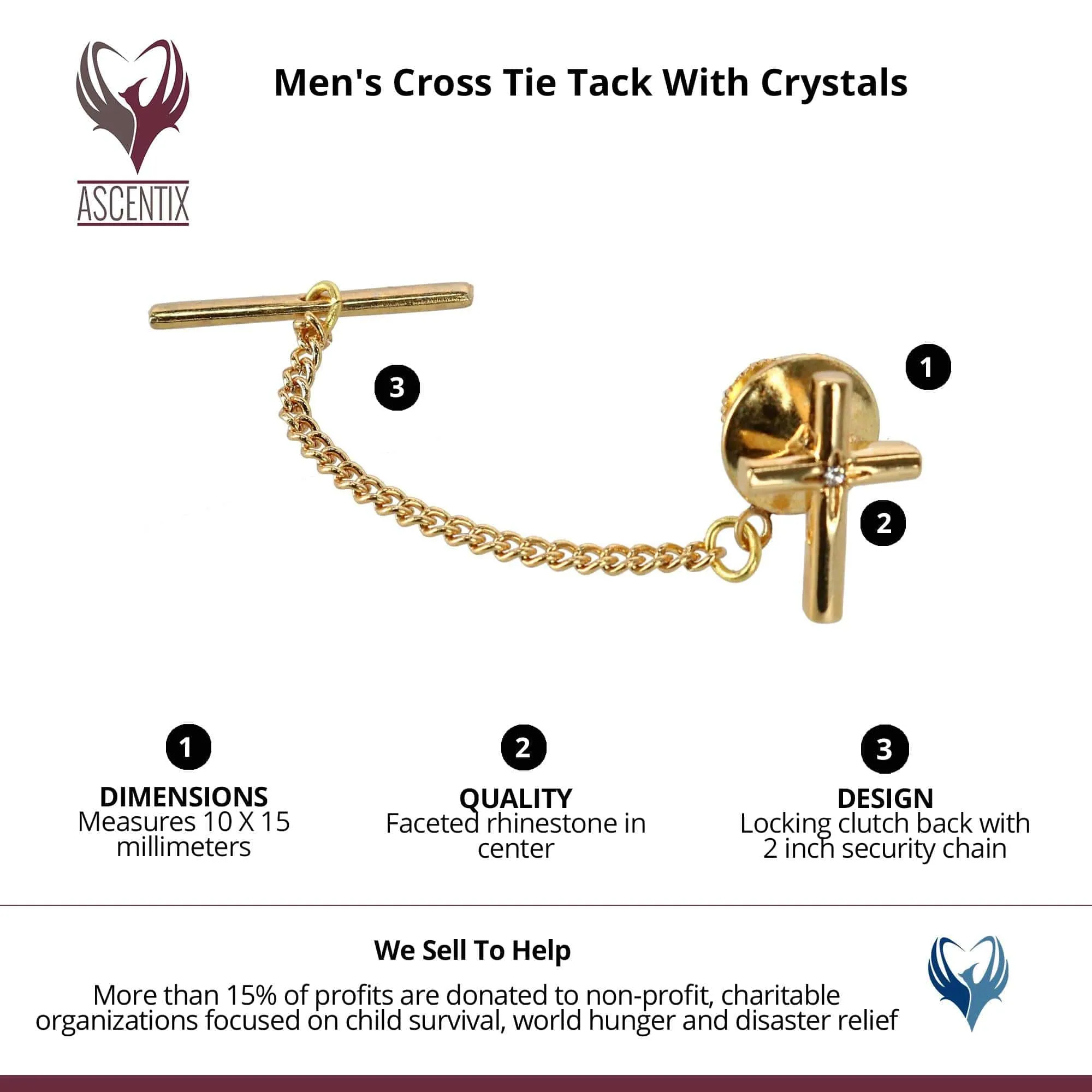 Ascentix Men's Cross Tie Tack with Crystal Center