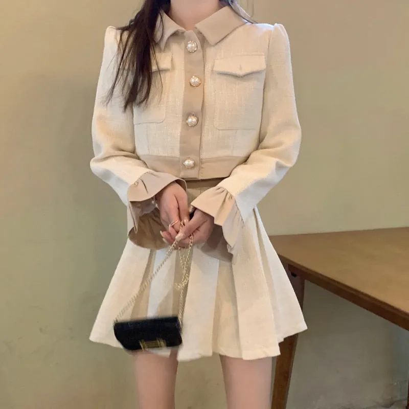 Autumn New French Vintage Two Piece Set Women Crop Top Short Jacket Coat   Pleated Skirts Sets High Street Fashion 2 Piece Suits