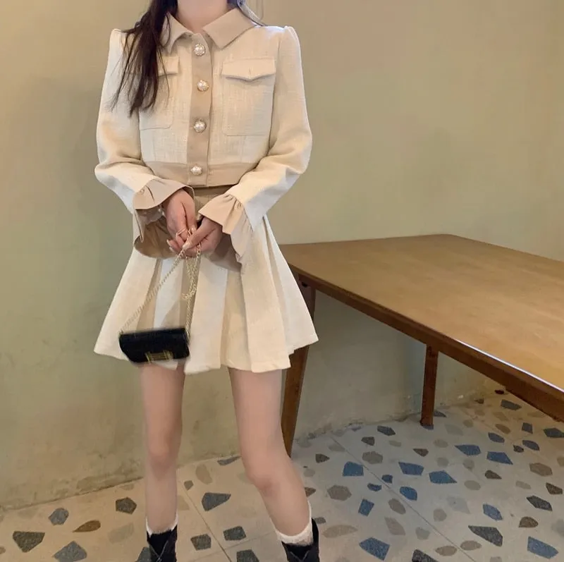 Autumn New French Vintage Two Piece Set Women Crop Top Short Jacket Coat   Pleated Skirts Sets High Street Fashion 2 Piece Suits