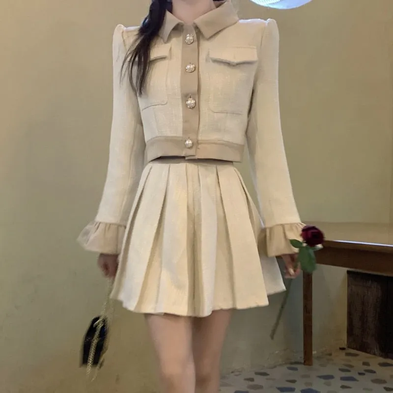 Autumn New French Vintage Two Piece Set Women Crop Top Short Jacket Coat   Pleated Skirts Sets High Street Fashion 2 Piece Suits