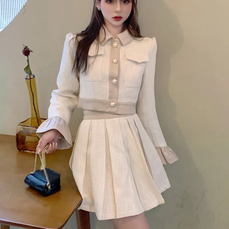 Autumn New French Vintage Two Piece Set Women Crop Top Short Jacket Coat   Pleated Skirts Sets High Street Fashion 2 Piece Suits