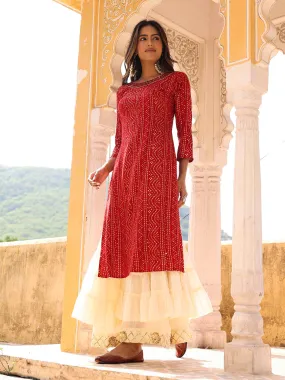 Bandhani Printed & Mirror Embroidered Straight Fit Kurta - Red