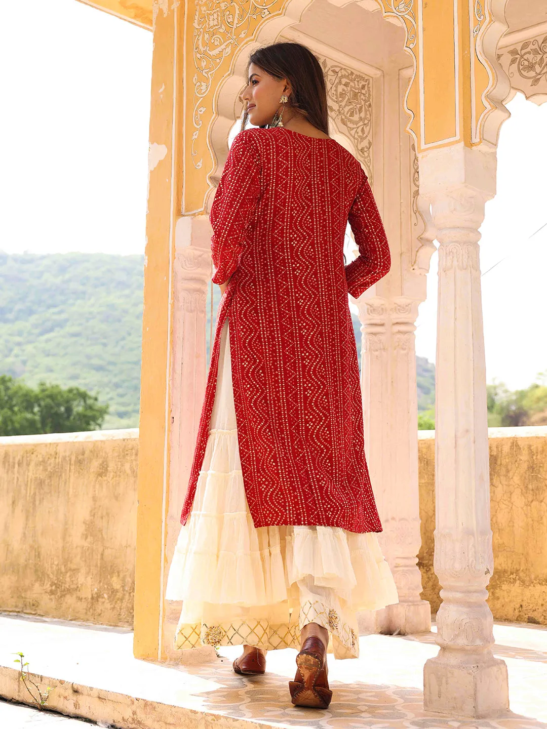 Bandhani Printed & Mirror Embroidered Straight Fit Kurta - Red