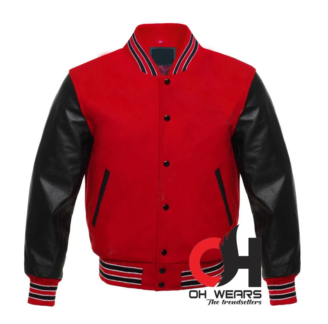 Baseball Bomber Red Wool and Genuine Black Leather Sleeves Varsity Jacket