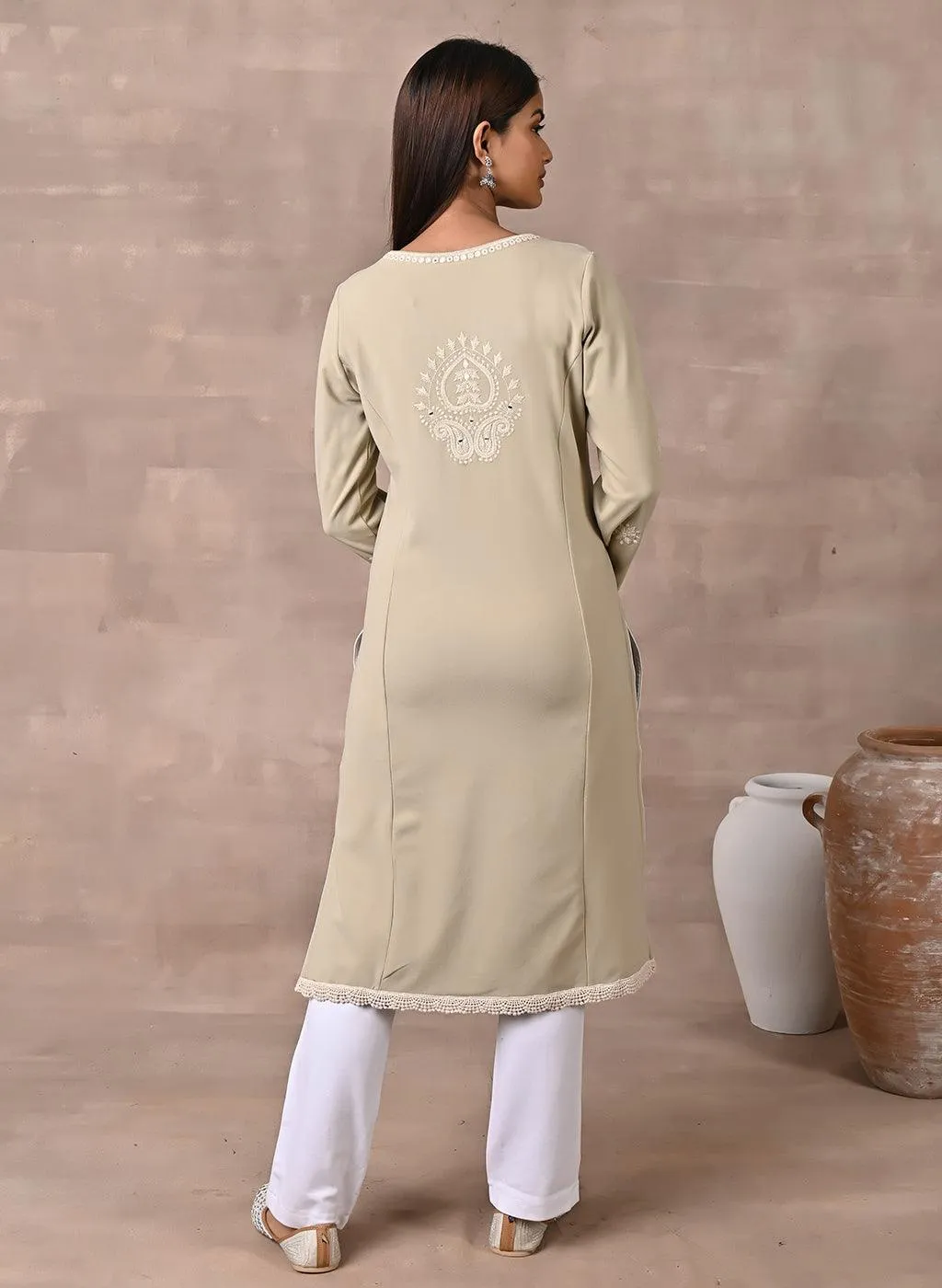 Beige Woolen Kurta with Fine Embroidery