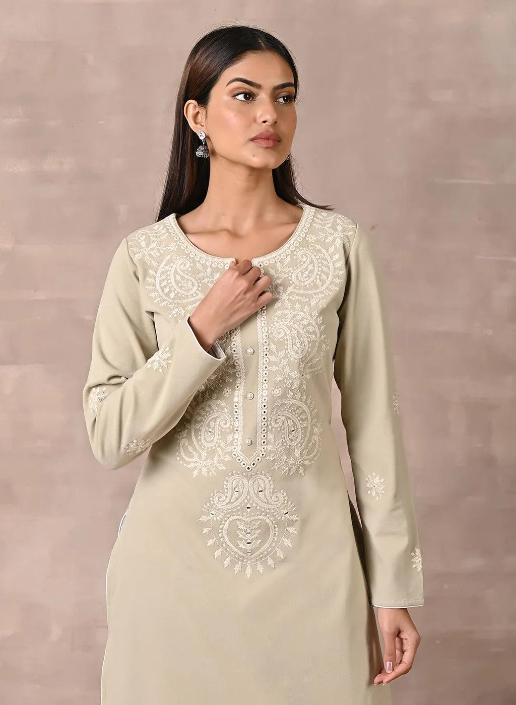 Beige Woolen Kurta with Fine Embroidery