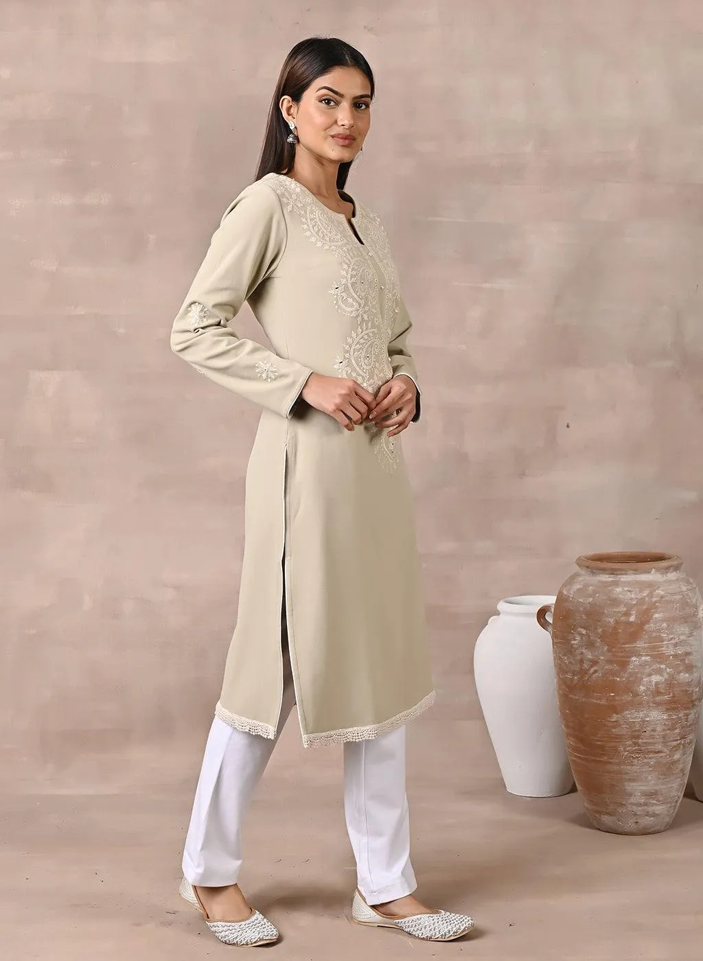 Beige Woolen Kurta with Fine Embroidery