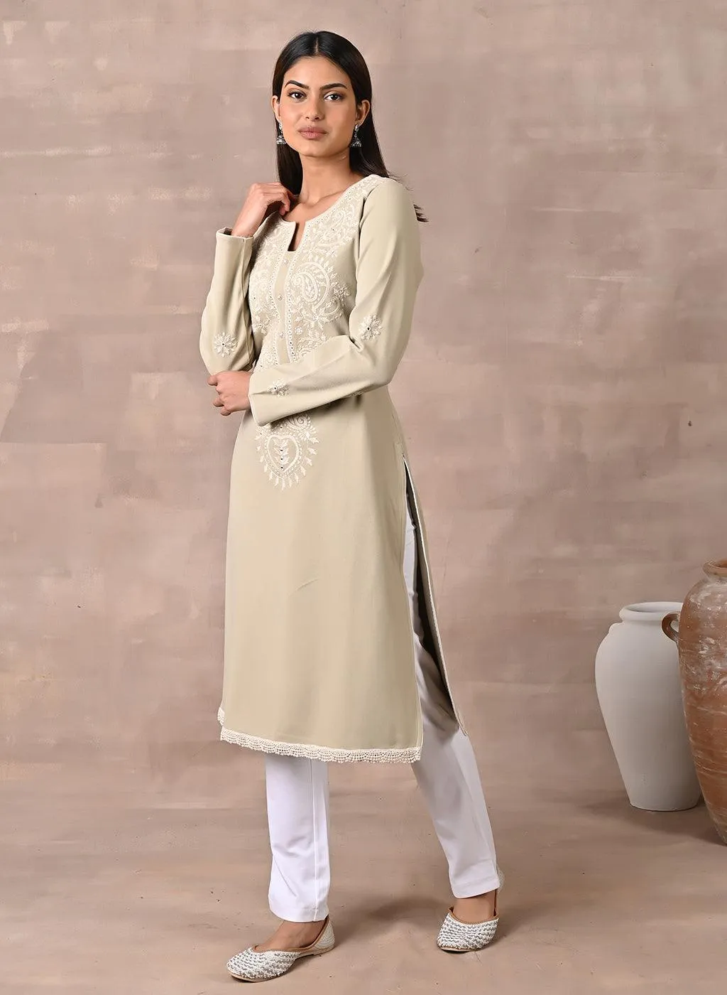 Beige Woolen Kurta with Fine Embroidery