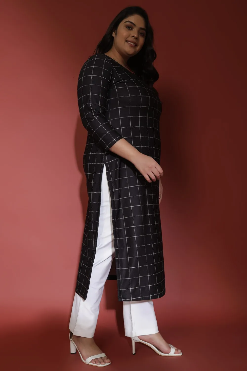 Black Plaid Art Woolen Winter kurti