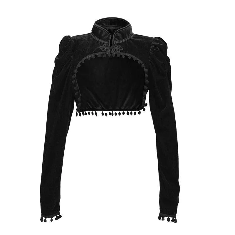 Black Velvet Short Steampunk Crop Jacket Stand Long Sleeve