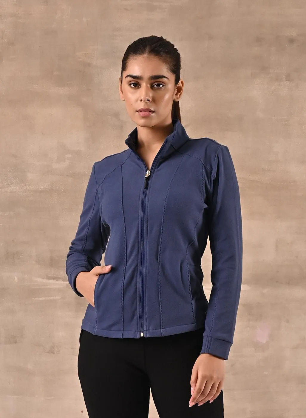 Blue Woolen High Neck Jacket with Zip Front