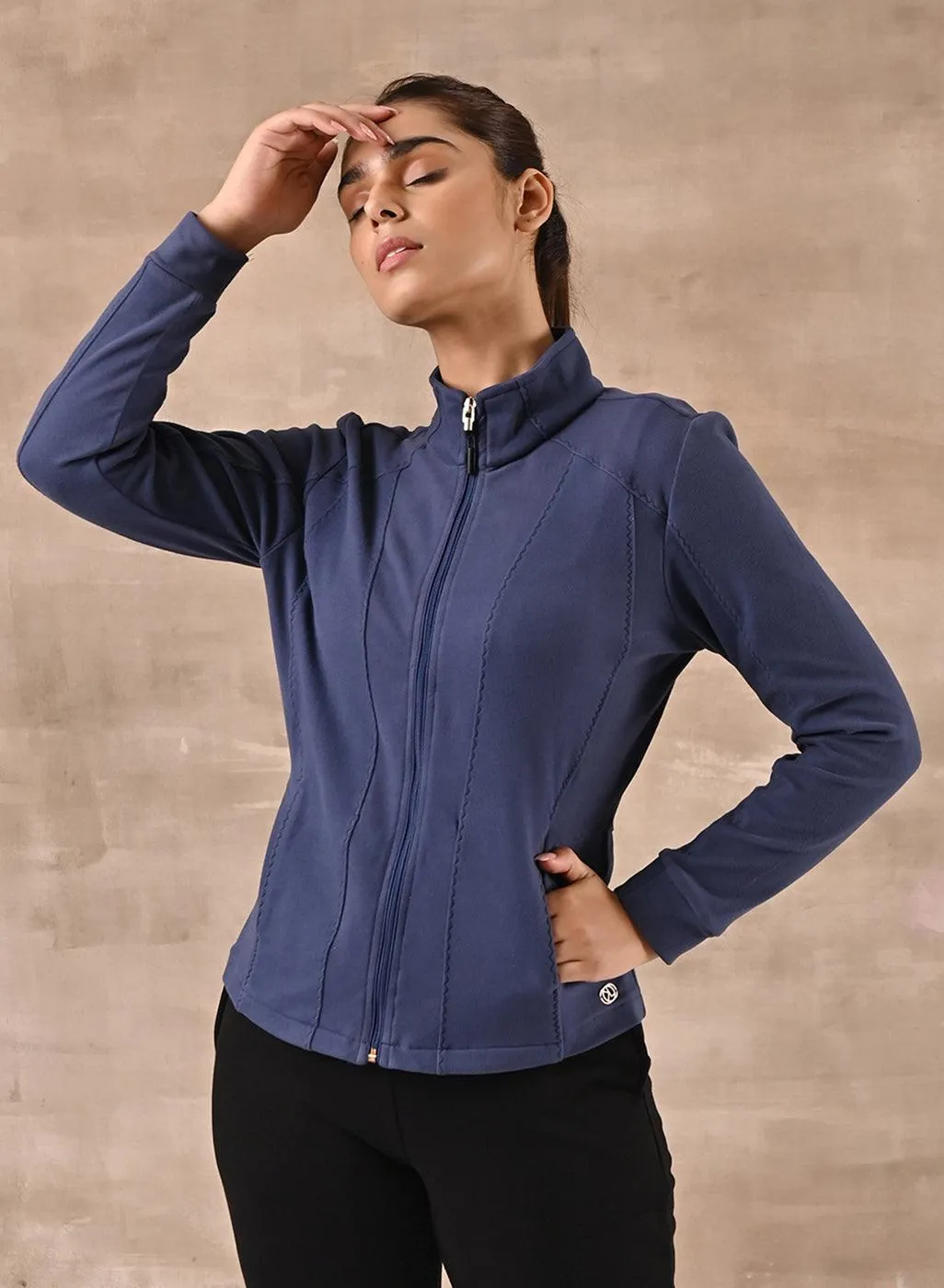 Blue Woolen High Neck Jacket with Zip Front