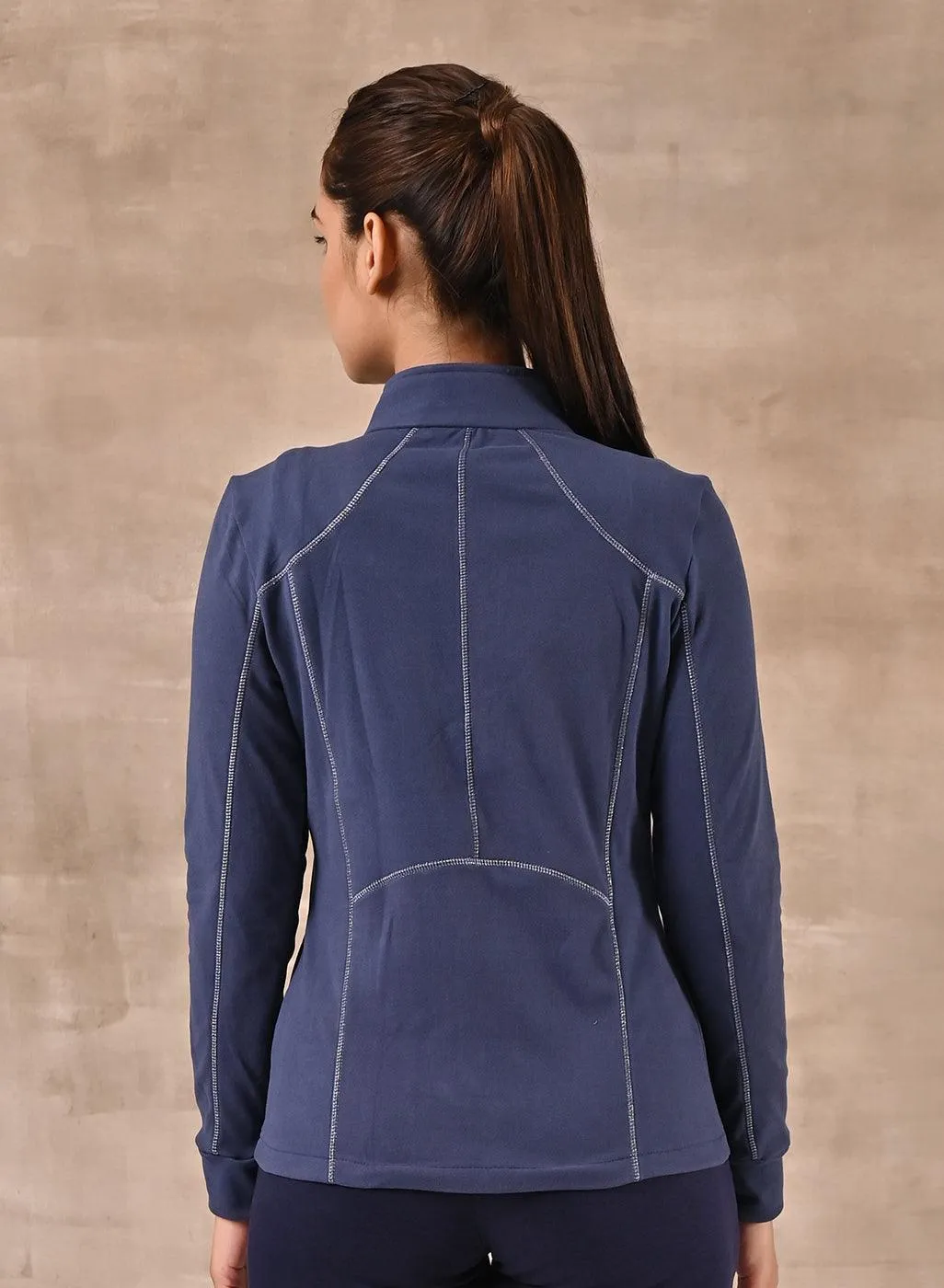 Blue Woolen Zip-front High-neck Jacket