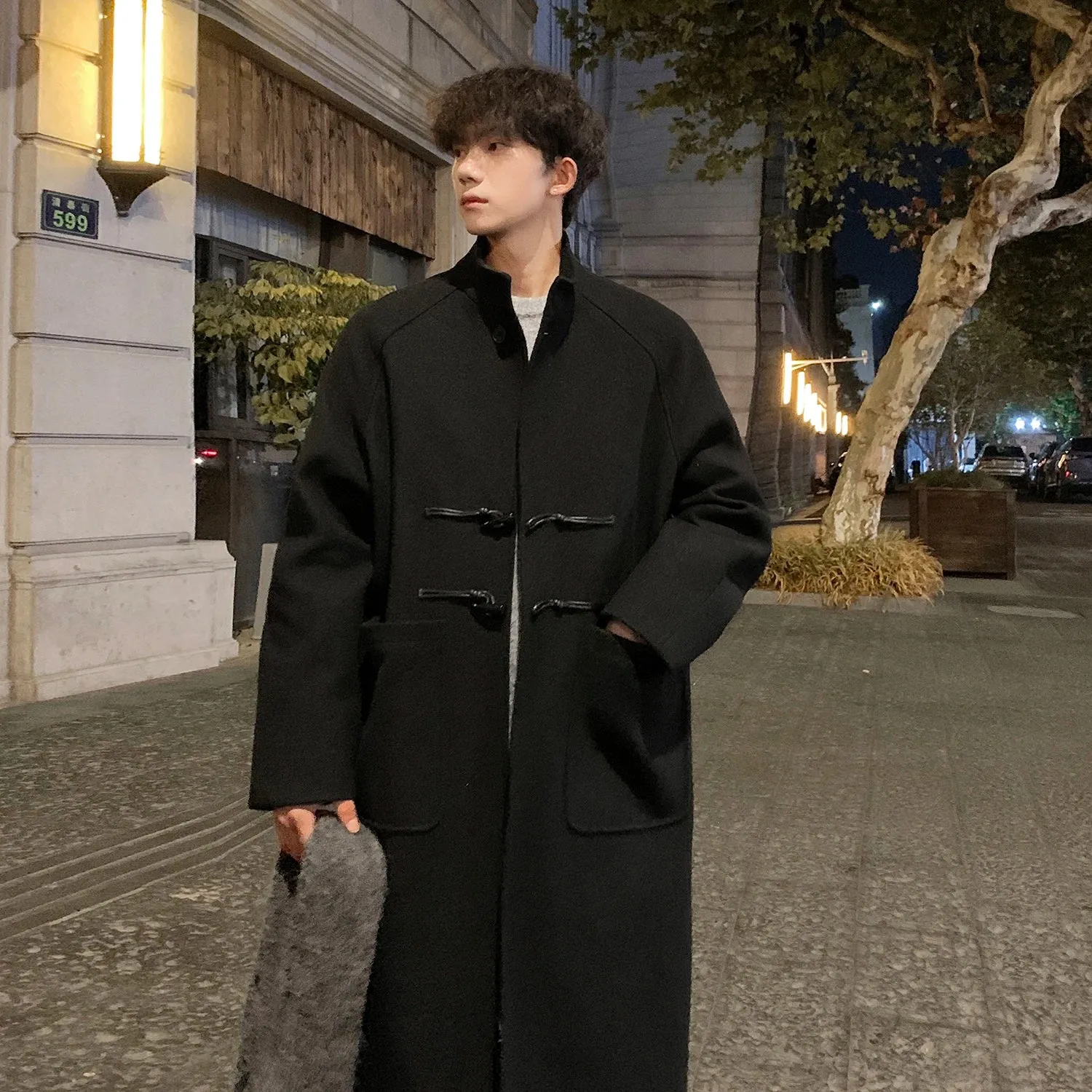 Bonsir Autumn Winter Men Horn Button Woolen Coat Mid Length Stand Collar Trench Coat Solid Color Big Pocket Overcoat Streetwear