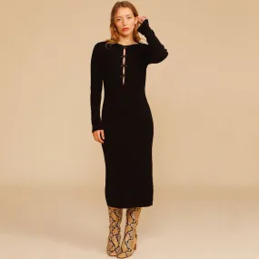 Bowknot Trim Cutout Long Sleeve Rib Knit Midi Sweater Dress - Black