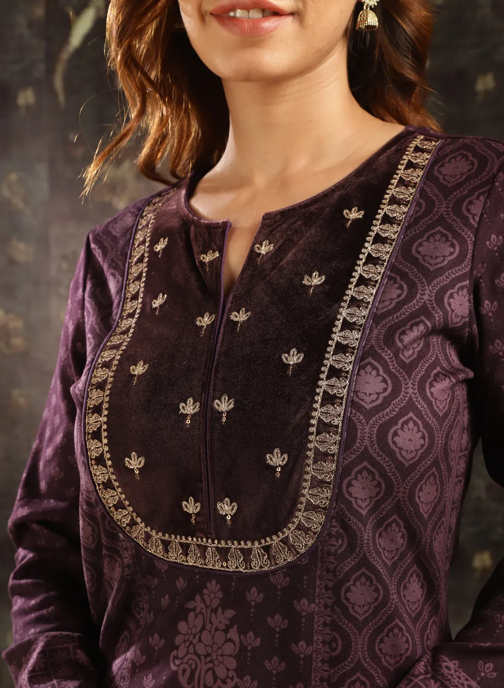 Brown Printed Woolen Kurta with Velvet Yoke