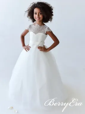 Cap Sleeves Lace Tulle Flower Girl Dresses, Ivory Flower Girl Dresses