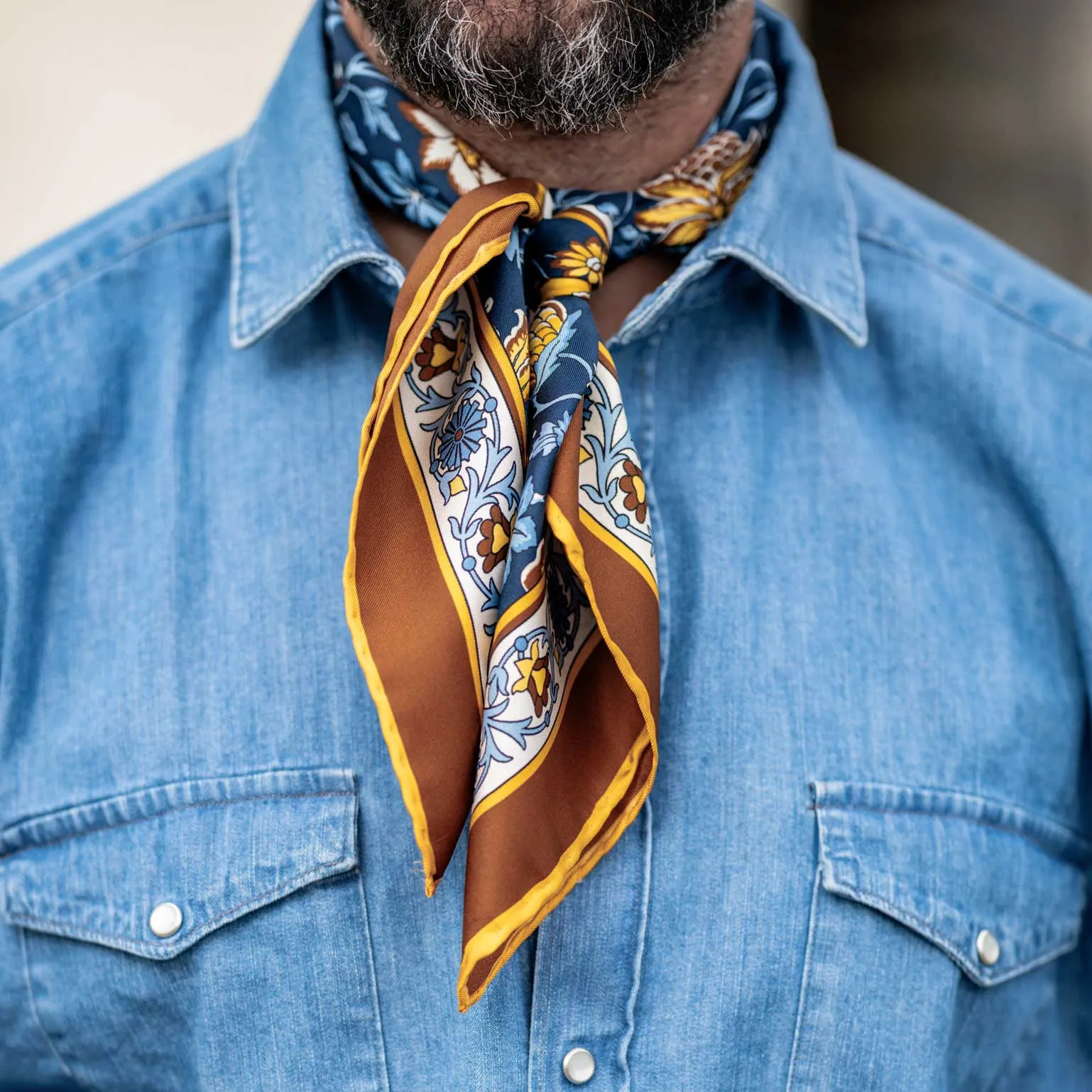 Carrara - Hand Rolled Silk Neckerchief - Navy & Mustard