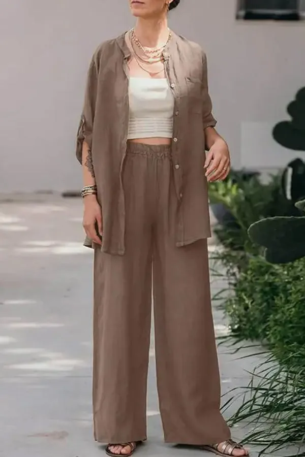 Casual Loose Solid Color Shirt Pants Set