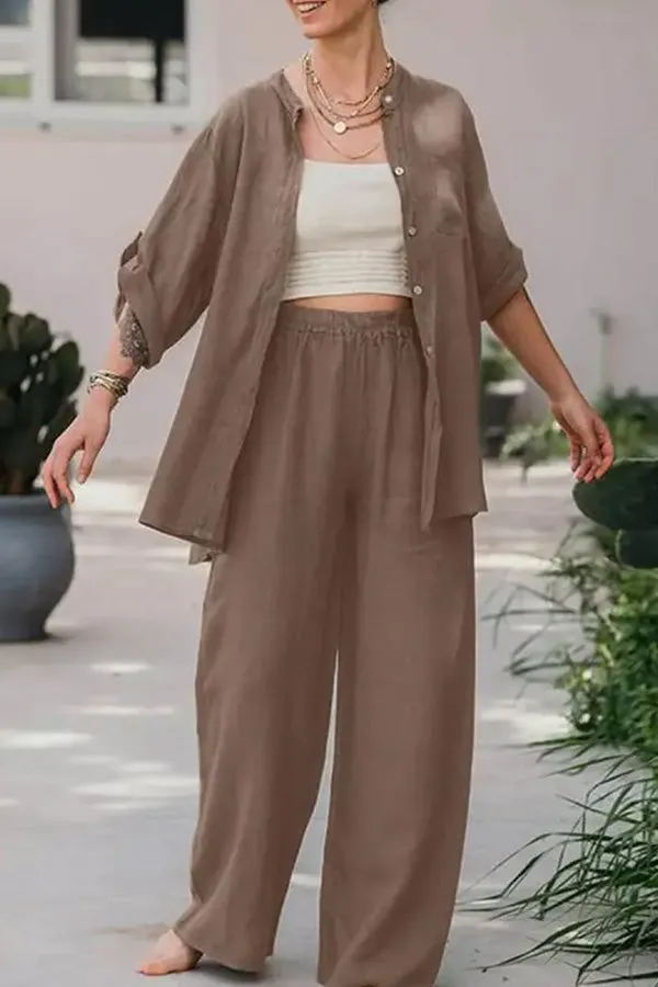 Casual Loose Solid Color Shirt Pants Set