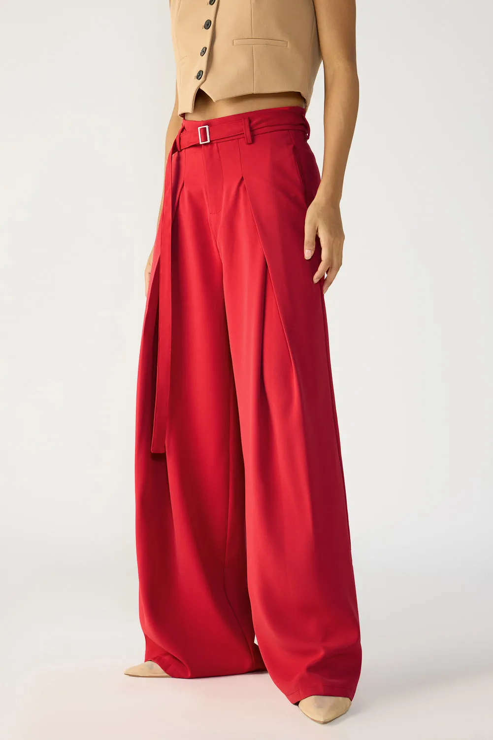 Cherry Red Belted Flared Korean Pants