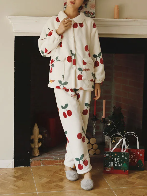 Christmas Cherry Printed Flannel Pajamas