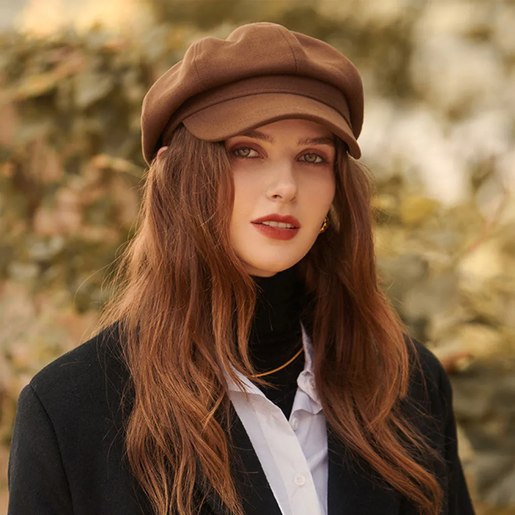 Classic Pure Color Fishbone Textured Woolen Blend Newsboy Hat