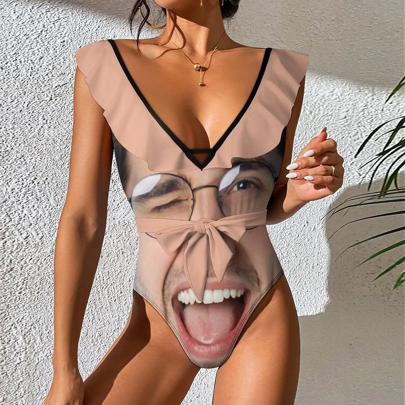 Custom Big Funny Face V Neck Ruffle One Piece Swimsuit Sexy Belt Custom Picture Bathing Suit Tie Back