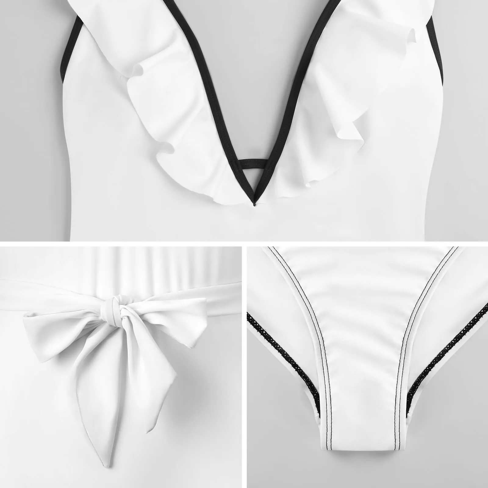 Custom Big Funny Face V Neck Ruffle One Piece Swimsuit Sexy Belt Custom Picture Bathing Suit Tie Back