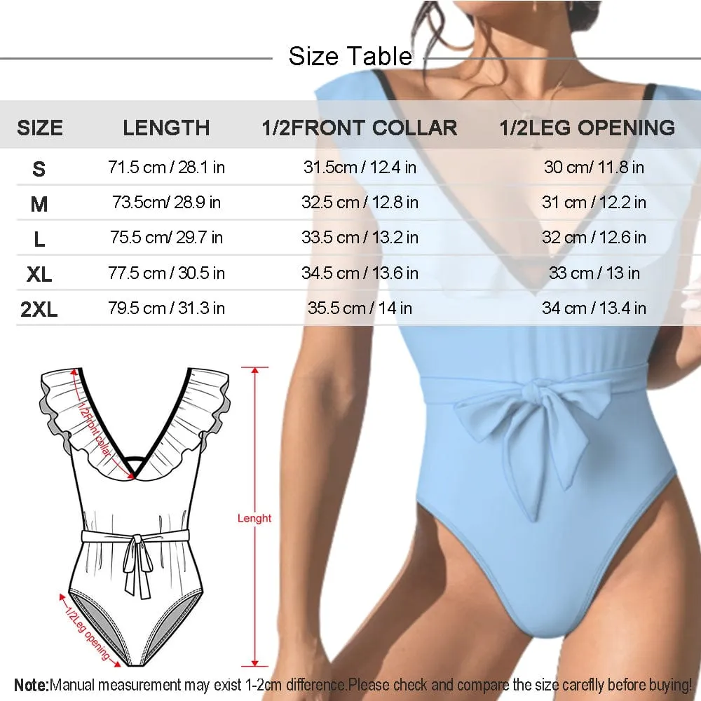 Custom Big Funny Face V Neck Ruffle One Piece Swimsuit Sexy Belt Custom Picture Bathing Suit Tie Back