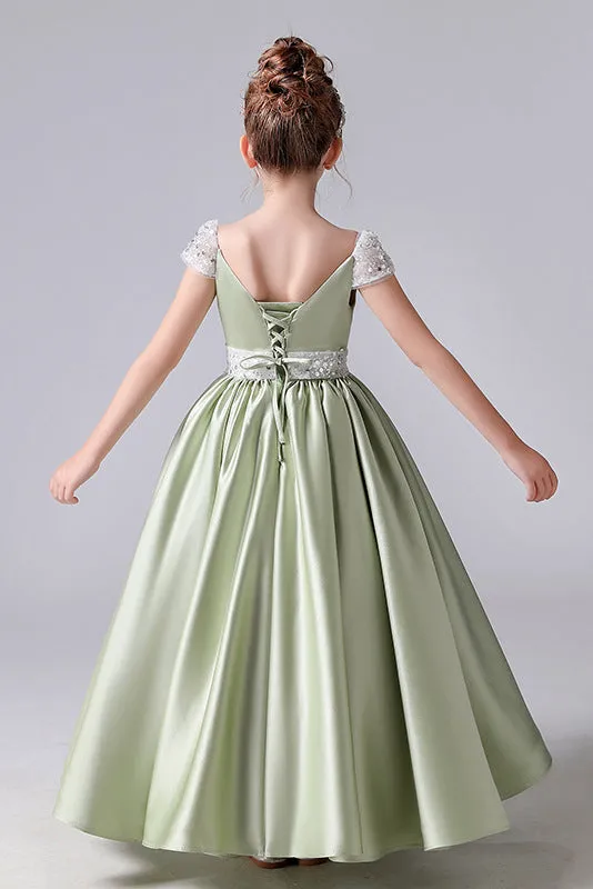 Cute A-Line Green Cap Sleeves Flower Girl Dress With Beading