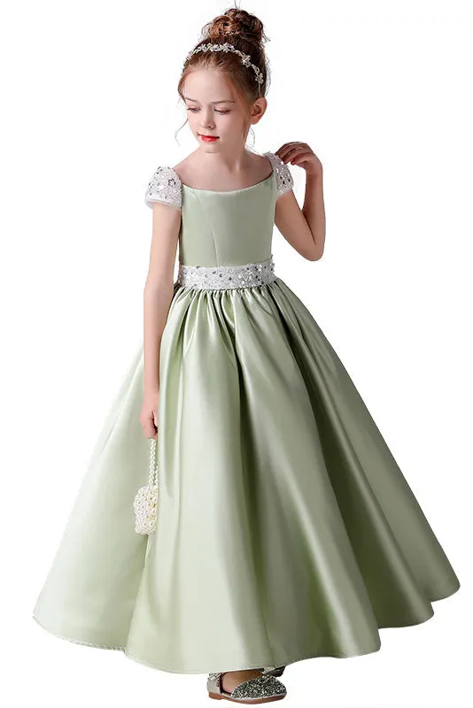 Cute A-Line Green Cap Sleeves Flower Girl Dress With Beading