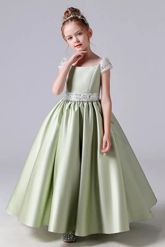 Cute A-Line Green Cap Sleeves Flower Girl Dress With Beading