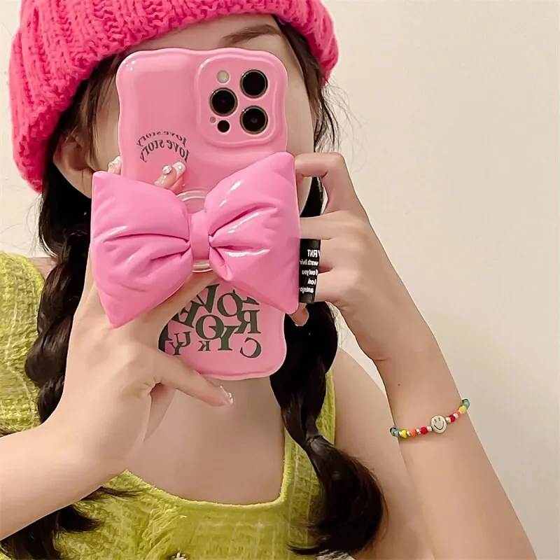 Cute Solid Pink Alphabets Letters Air Cushion Phone Case   Bow Shaped Stand Protective Shockproof for iPhone X XS XR 11 12 13 14 15 Pro Max