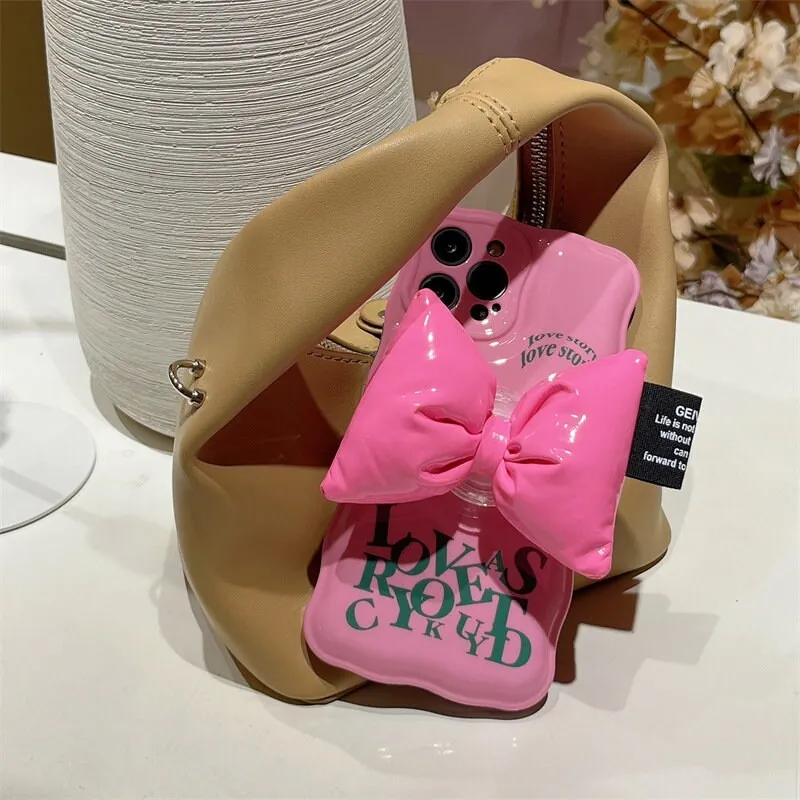 Cute Solid Pink Alphabets Letters Air Cushion Phone Case   Bow Shaped Stand Protective Shockproof for iPhone X XS XR 11 12 13 14 15 Pro Max