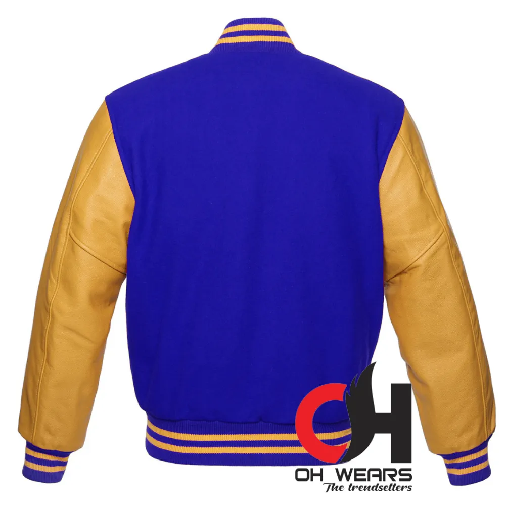 Dark Blue Wool and Genuine Yellow Leather Sleeves Varsity Jacket